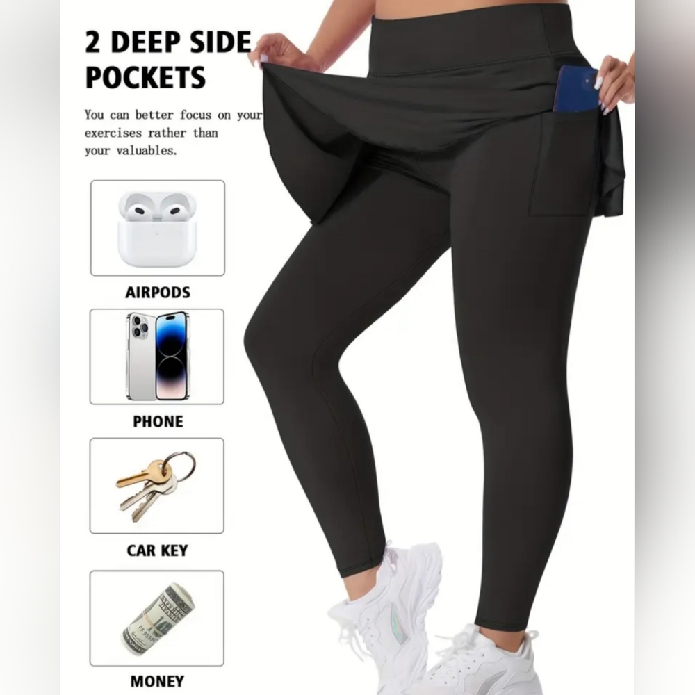 Black Leggings with Skirt and Deep Side Pockets 5x More Like 3x NWOT